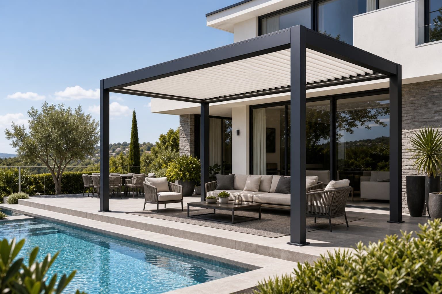 Poolside Living Retreat Daytime wide view